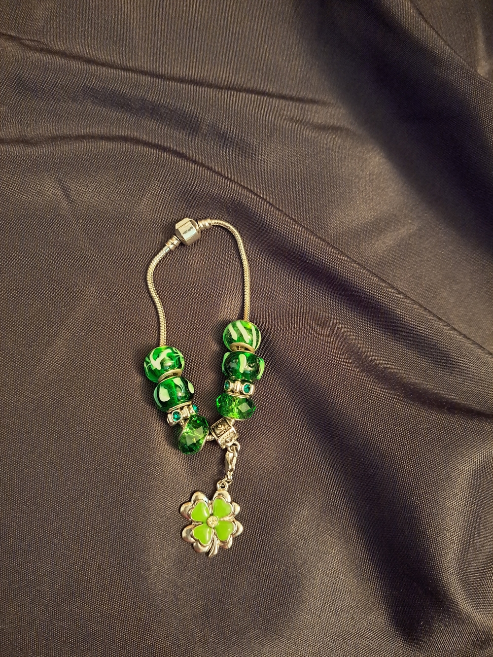 Green Bead Charm Bracelet with Clover Pendant - Unbranded